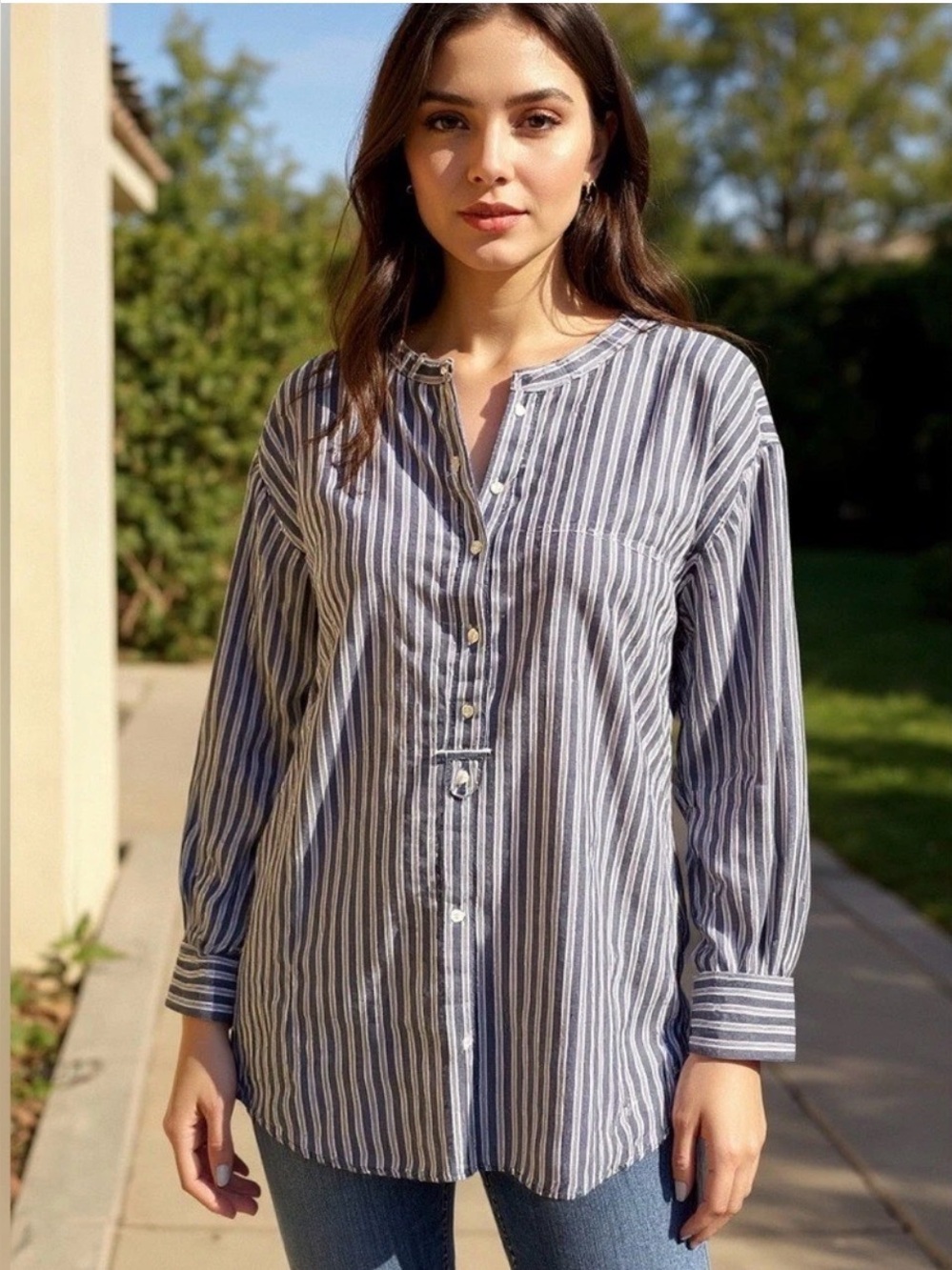 Sundance 100% Cotton Striped Button Tunic Shirt – Size Medium– Blue & White